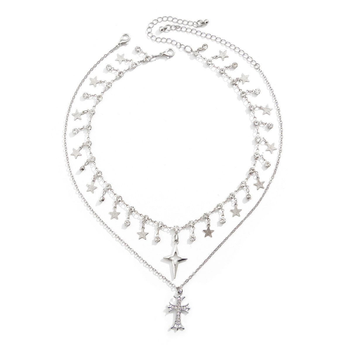 Punk style cross inlaid diamond pendant necklace, personalized multi-layer alloy collarbone chain for women