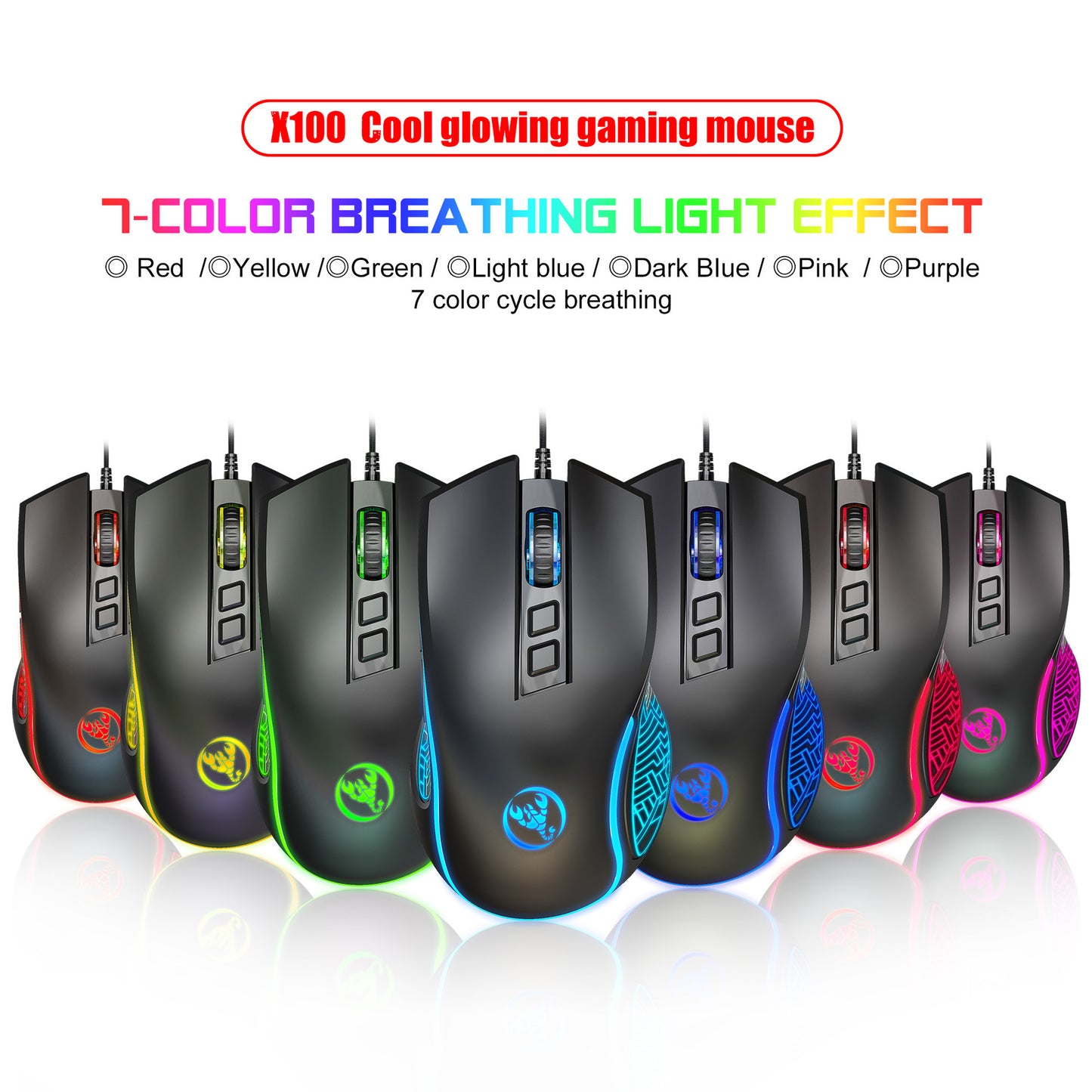 X100 wired gaming mouse with colorful glowing e-sports office mouse adjustable 3600dpi