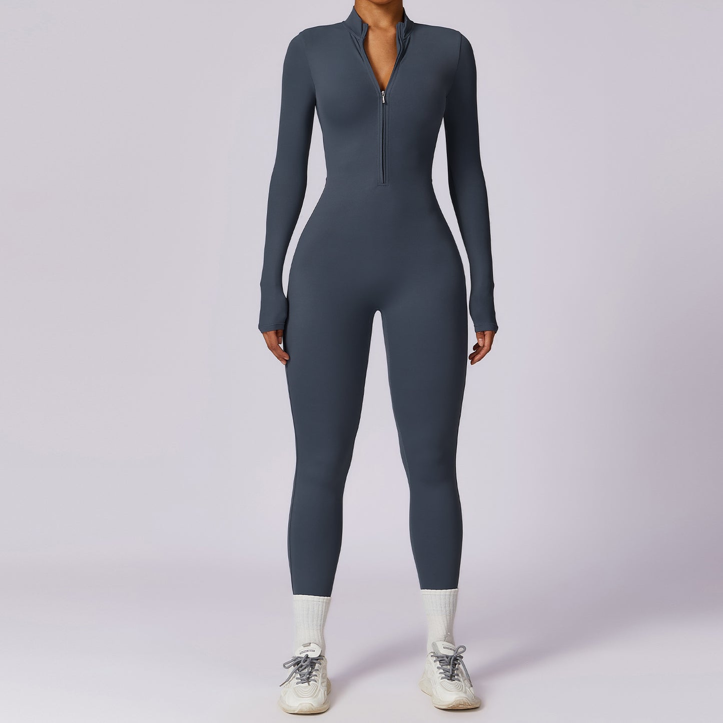 Zipper nude long sleeved yoga jumpsuit, high-intensity fitness sports jumpsuit, tight fitting bodysuit