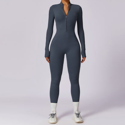 Zipper nude long sleeved yoga jumpsuit, high-intensity fitness sports jumpsuit, tight fitting bodysuit