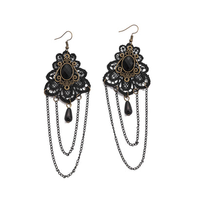 Fashionable lace special dense chain tassel earrings with high-end feel, black teardrop shaped crystal studs