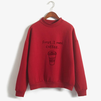 Autumn Winter Women Harajuku Hoodies Kawaii I Need Coffee Letter Print Sweatshirt