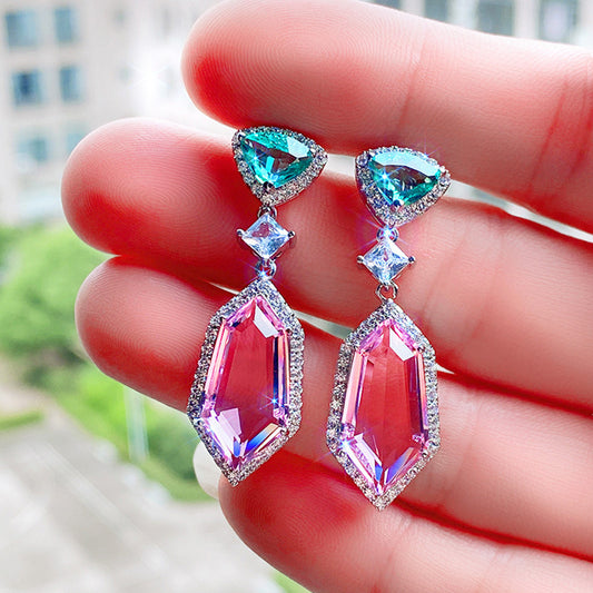 Pink element imitation crystal earrings with simple temperament long women's earrings