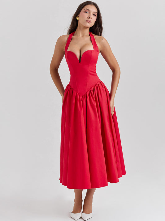 European and American women's clothing in spring, high-end and sexy, deep V-neck hanging, backless, red mid length skirt, spring women's dress, women's dress