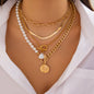 Ins metal circular pendant collarbone chain irregular bead pearl multi-layer necklace