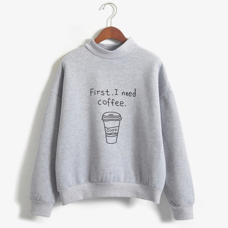 Autumn Winter Women Harajuku Hoodies Kawaii I Need Coffee Letter Print Sweatshirt