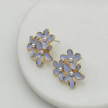 Metal Flower Enamel Petal Post Earrings For Women Imitation Pearl Fashion Jewelry Cute Party Accessories Romantic Gifts