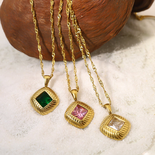 INS style 18k gold Fried Dough Twists texture inlaid emerald zircon pendant necklace titanium steel does not fall  Color collarbone chain