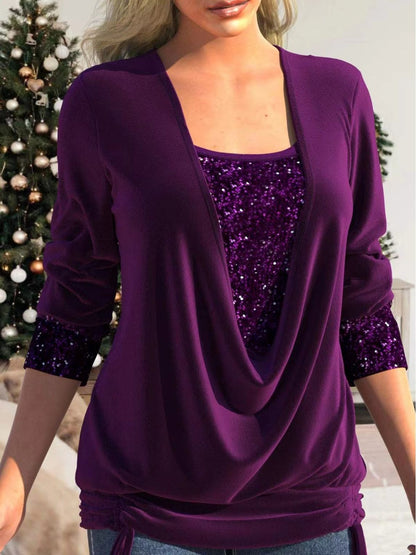 New Style Bead Piece Contrast Color Long Sleeve Women's Large Pendant Neck Loose Drawn Pleated Two Piece False Top