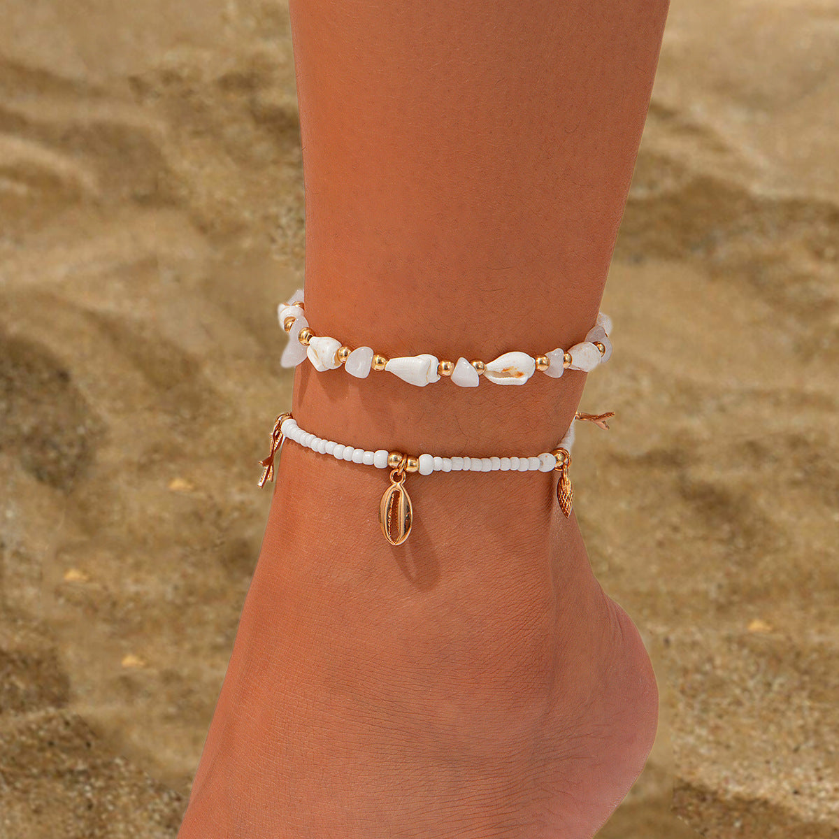 Leisure style beach circular rice bead foot ring 3-piece set, water droplet coin acrylic foot chain