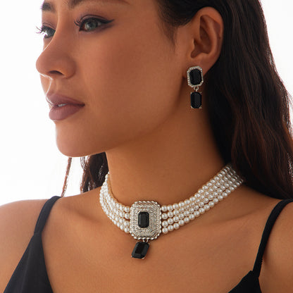 Fashionable imitation pearl necklace set, light luxury geometric alloy multi-layer clavicle chain