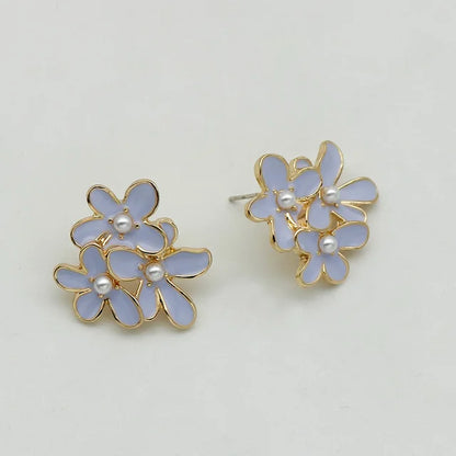 Metal Flower Enamel Petal Post Earrings For Women Imitation Pearl Fashion Jewelry Cute Party Accessories Romantic Gifts