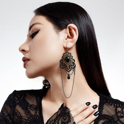 Fashionable lace special dense chain tassel earrings with high-end feel, black teardrop shaped crystal studs