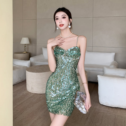 Heavy industry rhinestone sequin sweet and spicy dress dress