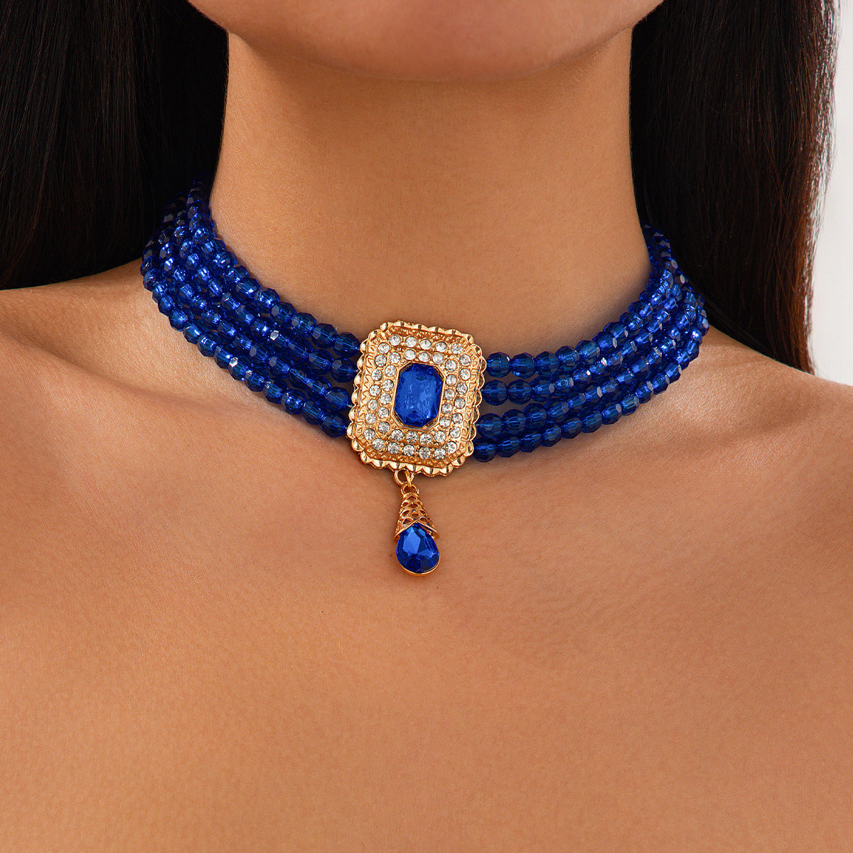 Palace style crystal bead choker necklace retro square diamond studded collarbone chain