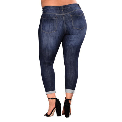 Plus Size High Elastic Hole Jeans Women's True Denim Skinny Distressed Jean