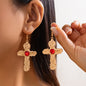 Palace style cross alloy pendant necklace, retro inlaid with red gemstones, collarbone chain