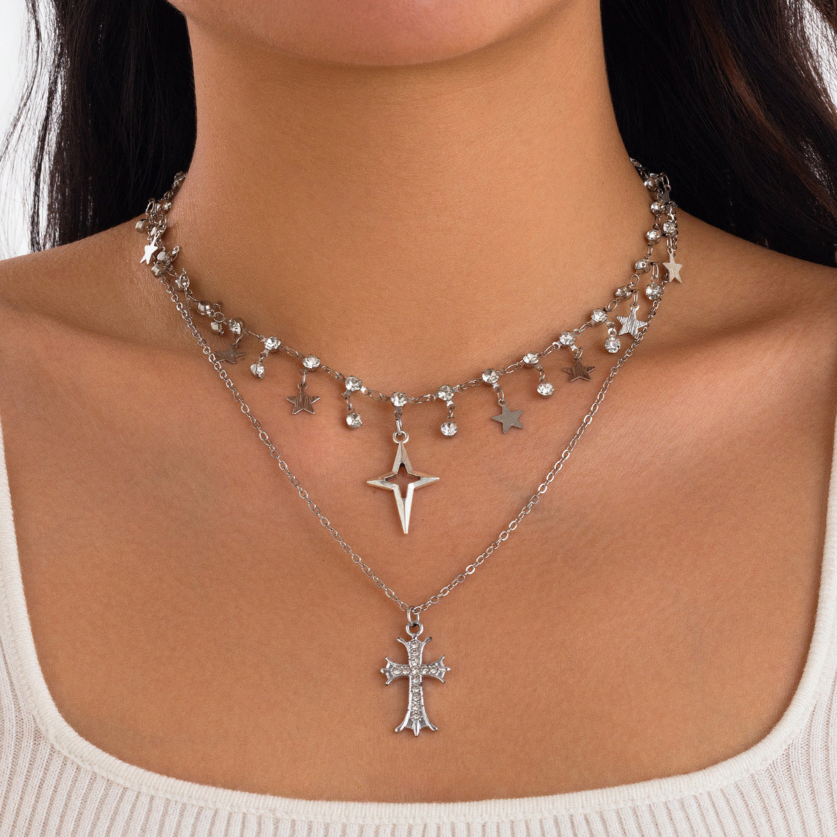 Punk style cross inlaid diamond pendant necklace, personalized multi-layer alloy collarbone chain for women