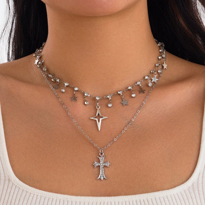 Punk style cross inlaid diamond pendant necklace, personalized multi-layer alloy collarbone chain for women