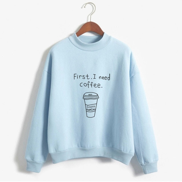 Autumn Winter Women Harajuku Hoodies Kawaii I Need Coffee Letter Print Sweatshirt