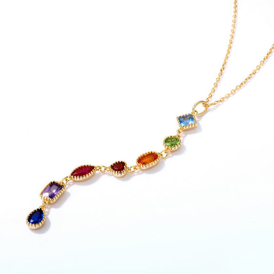 Light luxury rainbow zircon geometric 925 sterling silver gold-plated pendant