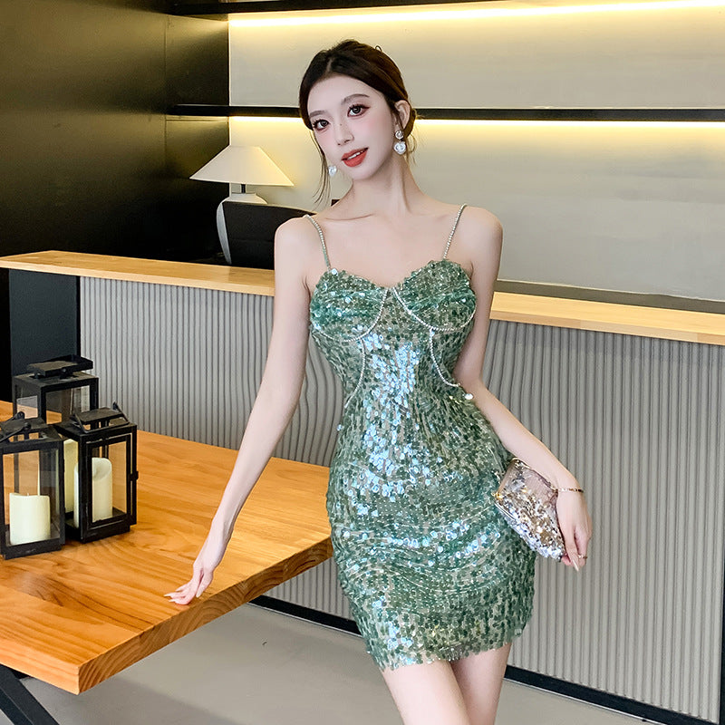 Heavy industry rhinestone sequin sweet and spicy dress dress