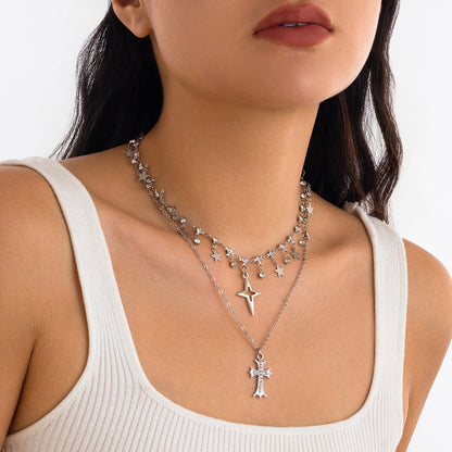 Punk style cross inlaid diamond pendant necklace, personalized multi-layer alloy collarbone chain for women