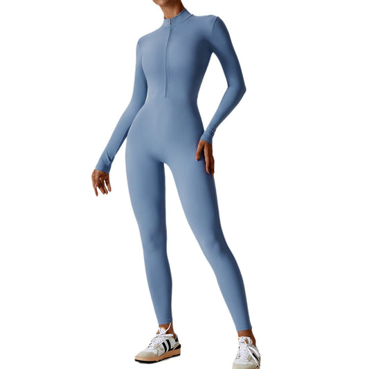 Zipper nude long sleeved yoga jumpsuit, high-intensity fitness sports jumpsuit, tight fitting bodysuit