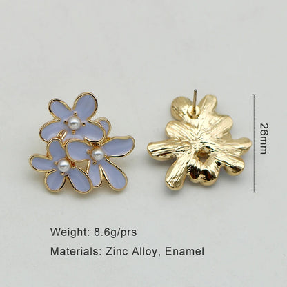 Metal Flower Enamel Petal Post Earrings For Women Imitation Pearl Fashion Jewelry Cute Party Accessories Romantic Gifts