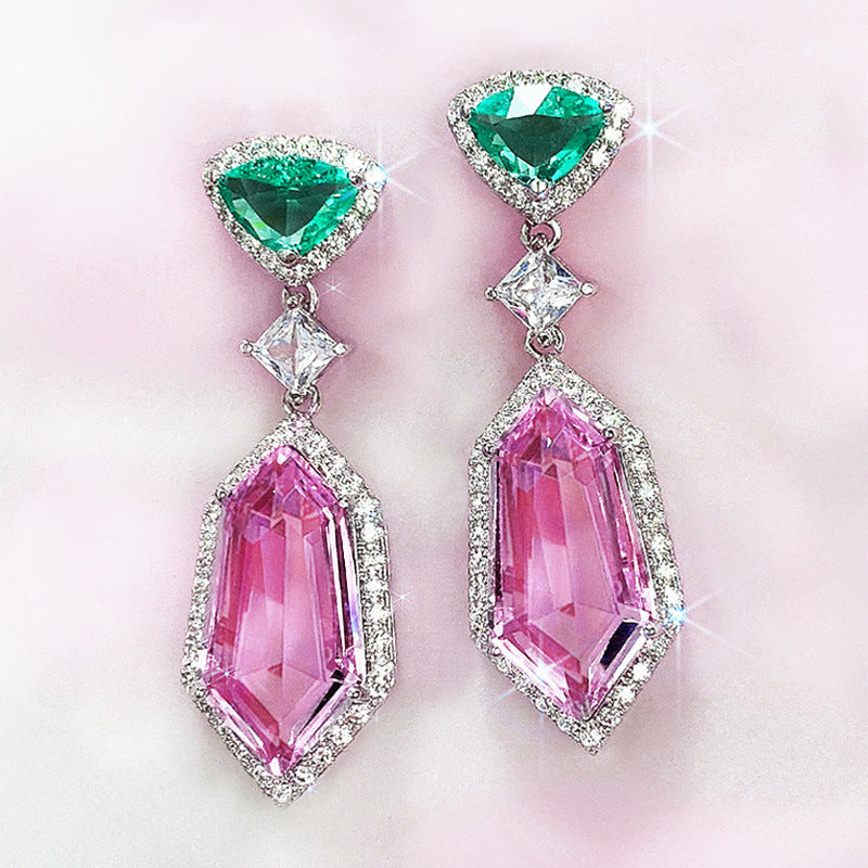 Pink element imitation crystal earrings with simple temperament long women's earrings