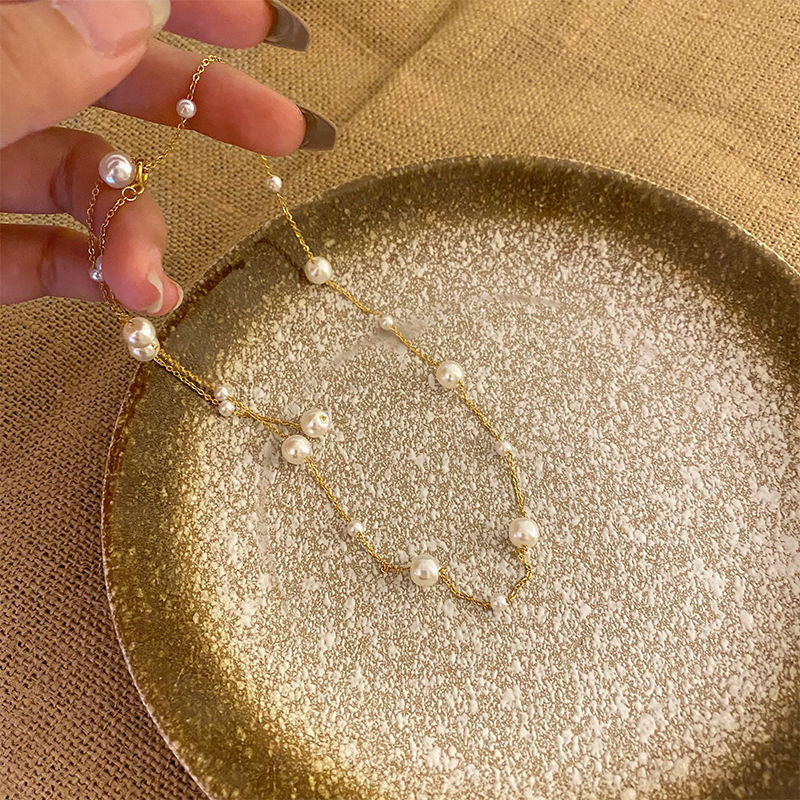 Elegant collarbone chain, small and fresh titanium steel, starry sky, pearl, simple tassel, versatile, personalized necklace for women