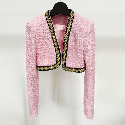 Autumn and winter new fashion heavy industry chain decoration short coarse woolen jacket jacket jacket