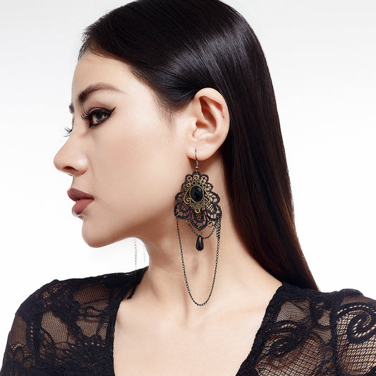 Fashionable lace special dense chain tassel earrings with high-end feel, black teardrop shaped crystal studs