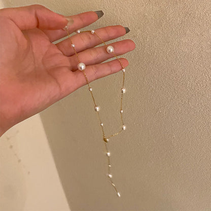 Elegant collarbone chain, small and fresh titanium steel, starry sky, pearl, simple tassel, versatile, personalized necklace for women