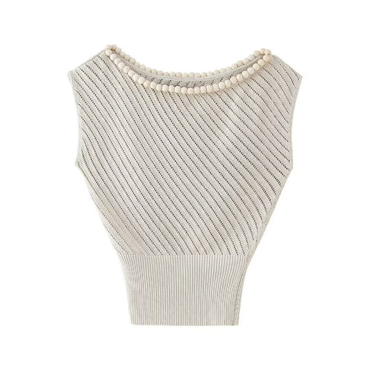 Fashion ball decoration jacquard mesh round neck knitted top