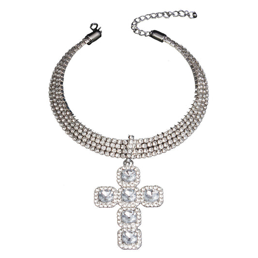 Diamond Cross Pendant Collar Exaggerated Necklace Women's Hip Hop Accessories