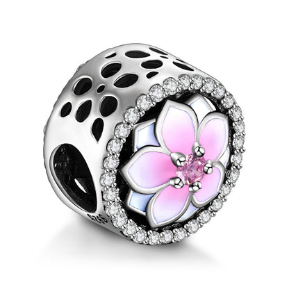Jewelrypalace 925 Sterling Silver  Magnolia Blossom Pink Murano Glass Beads Charms Fit Bracelets
