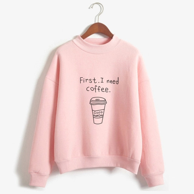 Autumn Winter Women Harajuku Hoodies Kawaii I Need Coffee Letter Print Sweatshirt