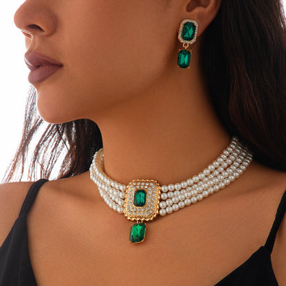 Fashionable imitation pearl necklace set, light luxury geometric alloy multi-layer clavicle chain