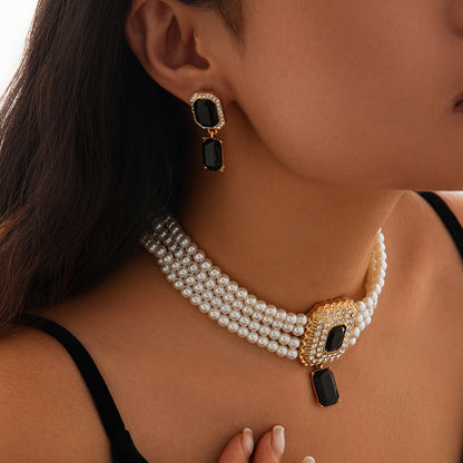 Fashionable imitation pearl necklace set, light luxury geometric alloy multi-layer clavicle chain