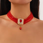 Palace style crystal bead choker necklace retro square diamond studded collarbone chain