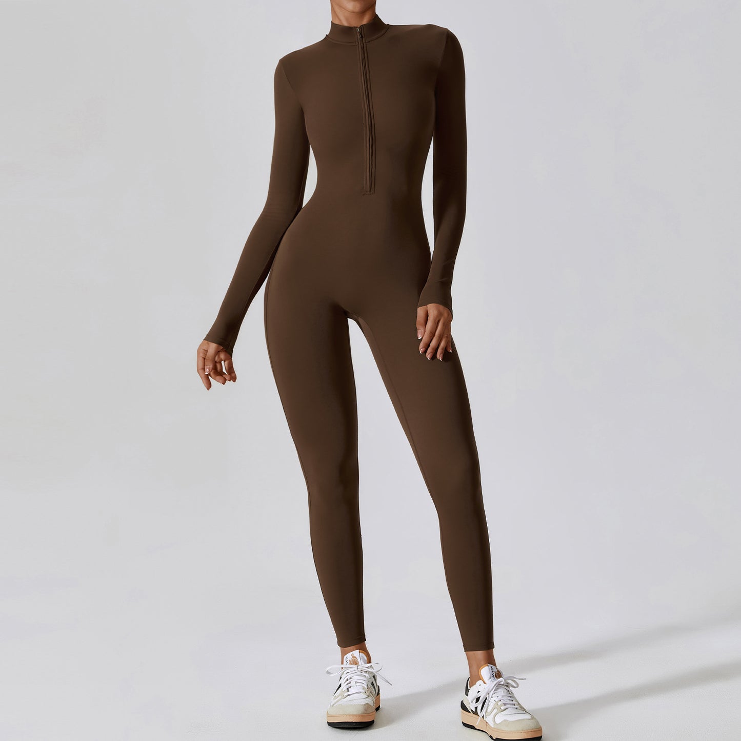 Zipper nude long sleeved yoga jumpsuit, high-intensity fitness sports jumpsuit, tight fitting bodysuit