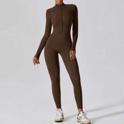 Zipper nude long sleeved yoga jumpsuit, high-intensity fitness sports jumpsuit, tight fitting bodysuit