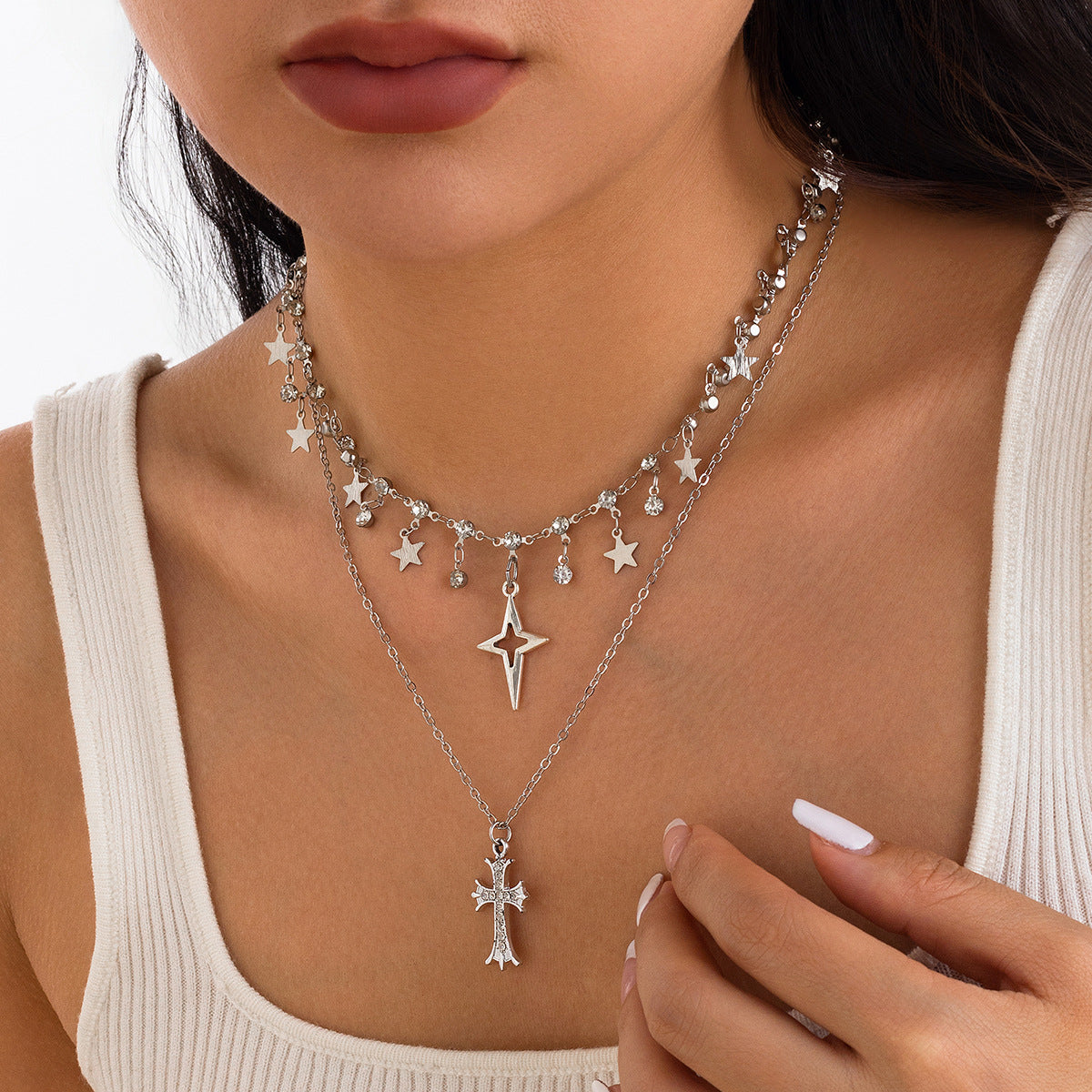 Punk style cross inlaid diamond pendant necklace, personalized multi-layer alloy collarbone chain for women