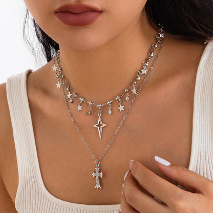 Punk style cross inlaid diamond pendant necklace, personalized multi-layer alloy collarbone chain for women