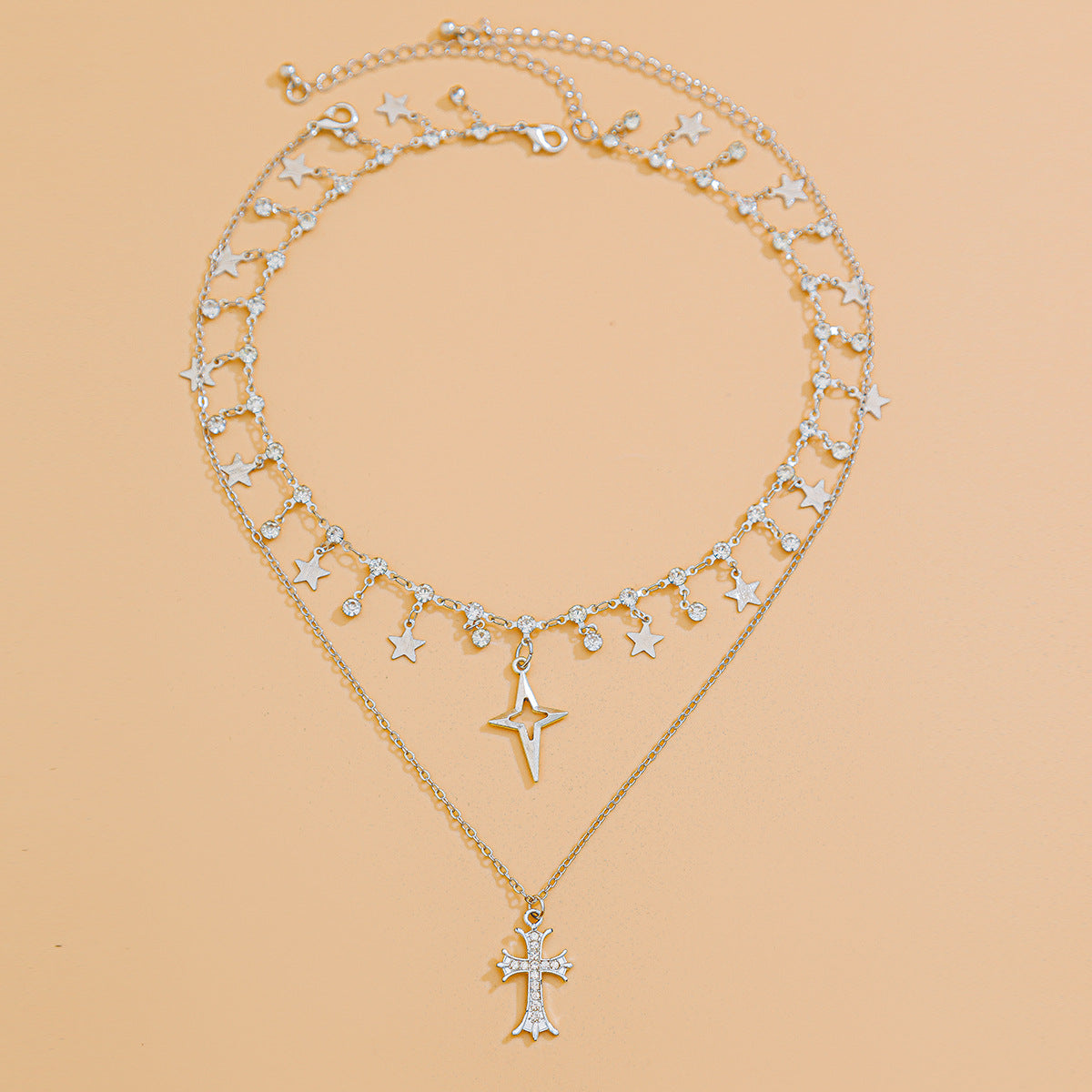 Punk style cross inlaid diamond pendant necklace, personalized multi-layer alloy collarbone chain for women