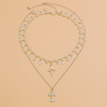 Punk style cross inlaid diamond pendant necklace, personalized multi-layer alloy collarbone chain for women