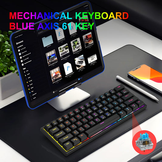 Plug in mechanical keyboard with blue shaft and 61 keys, mini portable wired detachable mechanical keyboard for esports