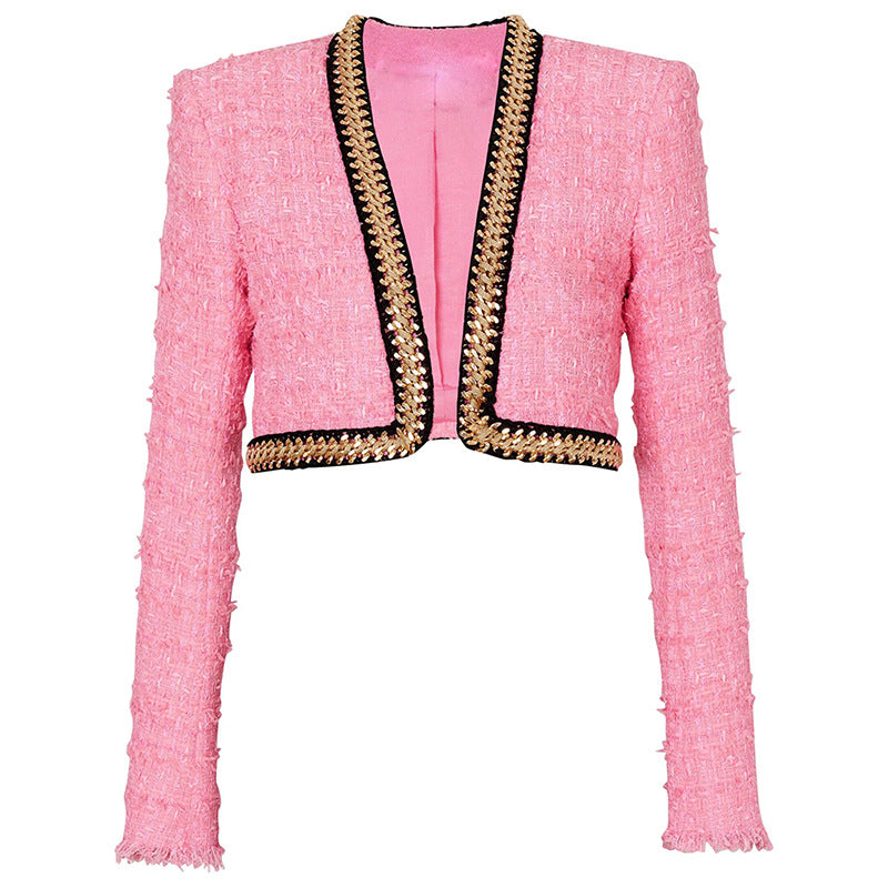 Autumn and winter new fashion heavy industry chain decoration short coarse woolen jacket jacket jacket