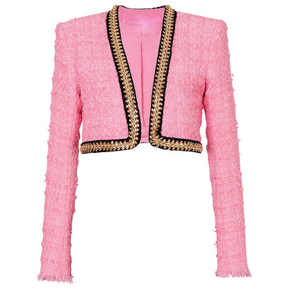 Autumn and winter new fashion heavy industry chain decoration short coarse woolen jacket jacket jacket